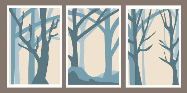 illustrations, cliparts, dessins animés et icônes de paysage minimaliste. arbres dans la forêt. branches sans feuilles. lignes abstraites, style simple. couleurs pastel. concept de voyage, de loisirs et de tourisme. belle nature. vecteur - spaciousness