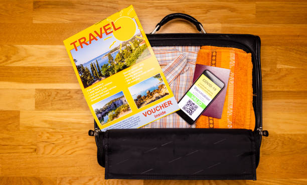 istock Suitcase with travel brochure and mobile phone showing vaccination certificate along with paper passport. Copyspace on wooden floor 1308807350