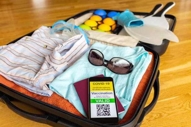 istock Suitcase with mobile phone showing vaccination certificate along with paper passport 1308807360