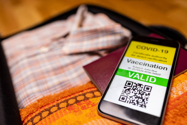 istock Suitcase with mobile phone showing vaccination certificate along with paper passport 1308807471
