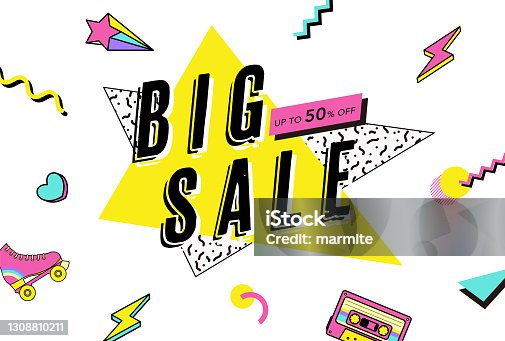 istock vector background with 90's style illustrations for banners, cards, flyers, social media wallpapers, etc. 1308810211