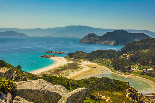 Panoramic view of the Cies islands and the beach of Rodas from the highest part of the island
