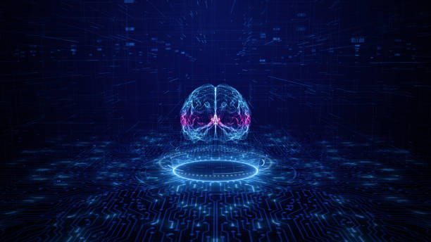 artificial intelligence concept. brain over a circuit board. hud future technology digital background - circuit board abstract boarding technology imagens e fotografias de stock