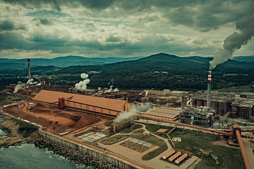 Amazing aerial view panorama of an industrial zone. Black and white