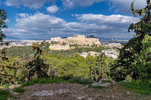 Beautiful view of the Acropolis of Athens, in Sunny day, Greece.
