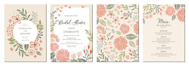 Universal Wedding Invitation Templates_02 Universal hand drawn floral templates in warm colors perfect for an autumn or summer wedding and birthday invitations, menu and baby shower. floral patterns stock illustrations