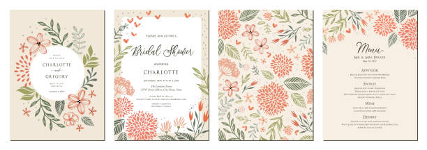 Universal Wedding Invitation Templates_02 Universal hand drawn floral templates in warm colors perfect for an autumn or summer wedding and birthday invitations, menu and baby shower. background of the bridal shower for invitations stock illustrations