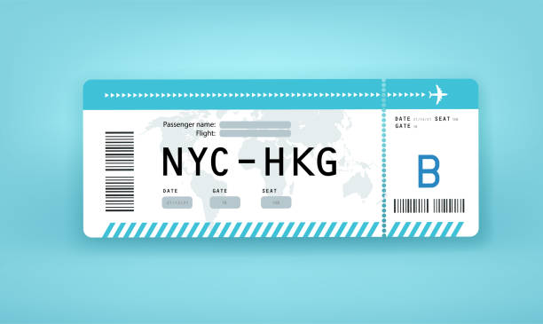 illustrazioni stock, clip art, cartoni animati e icone di tendenza di simulazione del vettore della carta d'imbarco in carta di volo. da new york a hkg. da new york a hong kong - biglietto aereo