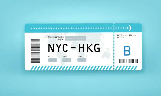 Vector illustration of Flight paper boarding pass vector mockup. NYC to HKG. New York City to Hong Kong