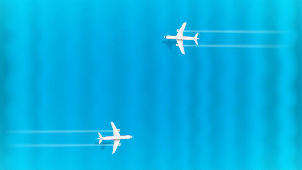 jetliner fliegen über den blauen wellen des ozeans. horizontales banner für design mit copyspace - airplane sea passage travel commercial airplane stock-grafiken, -clipart, -cartoons und -symbole