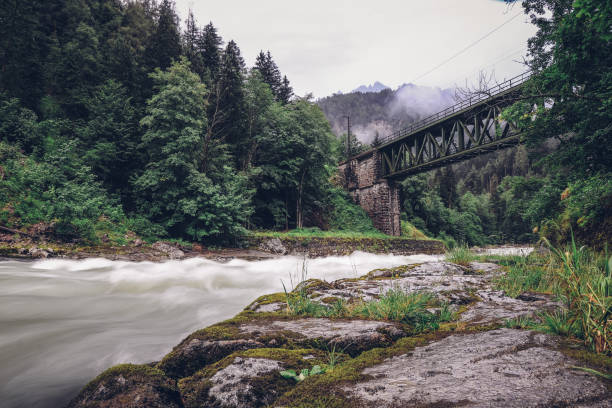 Ancient green railway bridge over wild river Enns in rainy weather in Gesause National Park near town of Admont in centre Austria. Long exposure emanates milk from water flowing along green nature. antiguo puente ferroviario verde sobre el río salvaje enns en clima lluvioso en el parque nacional gesause cerca de la ciudad de admont en el centro de austria. la exposición prolongada emana leche del agua que fluye a lo largo de la naturaleza verde