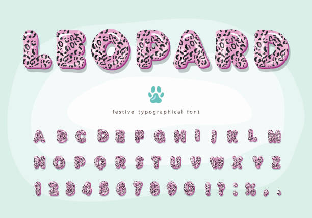 ilustrações de stock, clip art, desenhos animados e ícones de leopard skin 3d cartoon font. pink jaguar, cheetah fur print bright alphabet. decorative animal letters and numbers. vector - fur type