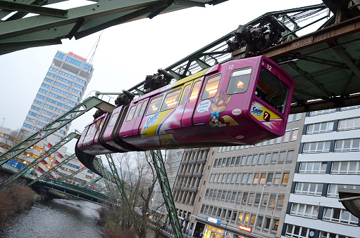 The suspension railway in Wuppertal over a river (North Rhine-Westphalia, Germany)