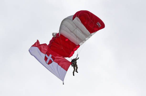 Parachute demonstration of the Austrian army A Parachutists of the armed forces in the air over the Heldenplatz in Vienna fallschirm stock pictures, royalty-free photos & images