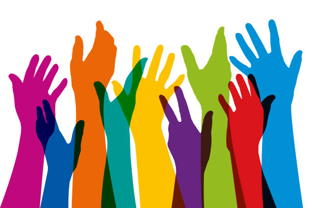 Hands raised in different colors symbol of unity Concept of the cohesion of a group, with silhouettes of raised hands of different colors, to symbolize union and diversity. presentation speech backgrounds stock illustrations
