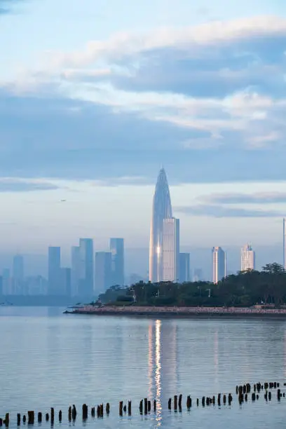 Skyline of Nanshan district, Shenzhen City, China under sunset.