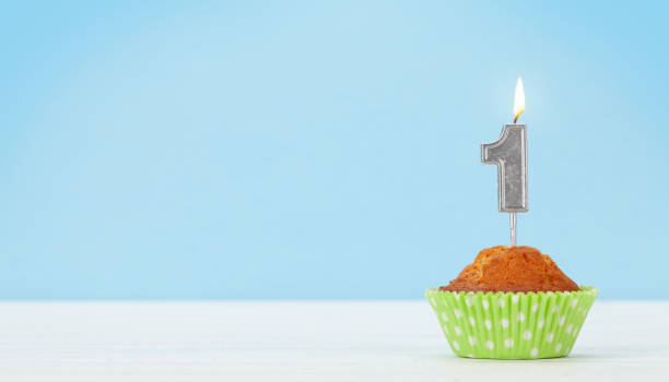 istock Birthday cupcake with burning candle 1308829664