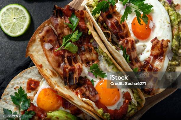 Egg Tacos Stock Photo - Download Image Now - Taco, Breakfast, Enchilada