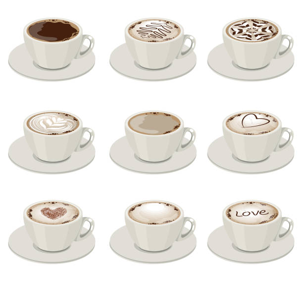 istock Set with different sorts of coffee in white cups. Illustration on white background. 1308830027