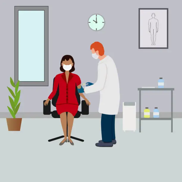 Vector illustration of Doctor injecting vaccine shot to patient