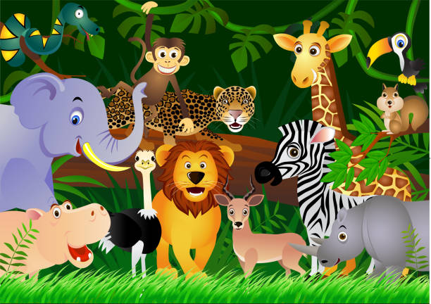 мультфильм сафари животных с лесным фоном - tropical climate banner tropical rainforest placard stock illustrations
