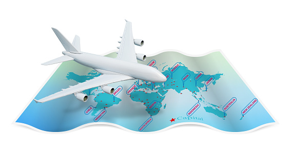 (Clipping path) Map of world folded with global airline isolated on white background