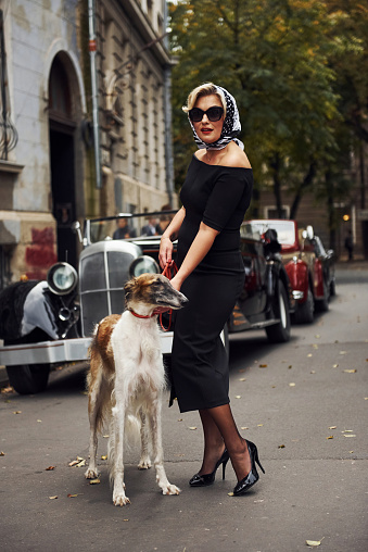 Blonde woman in sunglasses and in black dress near old vintage classic car with her dog.
