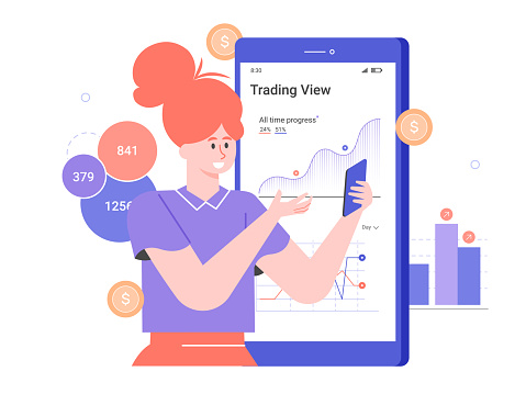 Personal investment. Mobile application for a trader. Character and big smartphone with graphs. Analysis of trends and dynamics of stock prices. Woman is holding the phone.Vector flat illustration.