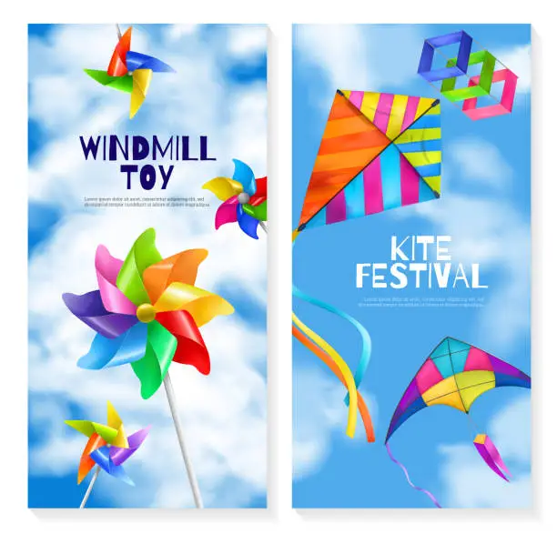 Vector illustration of Realistic Kite Wind Mill Toy Banner Set