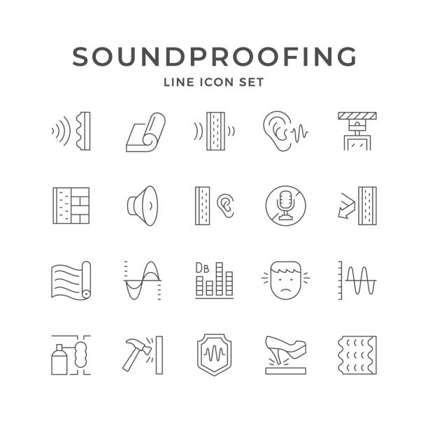 Set line icons of soundproofing Set line icons of soundproofing isolated on white. Noise, soundproof material, sound insulation, absorbing material, speaker. Vector illustration acoustic music stock illustrations