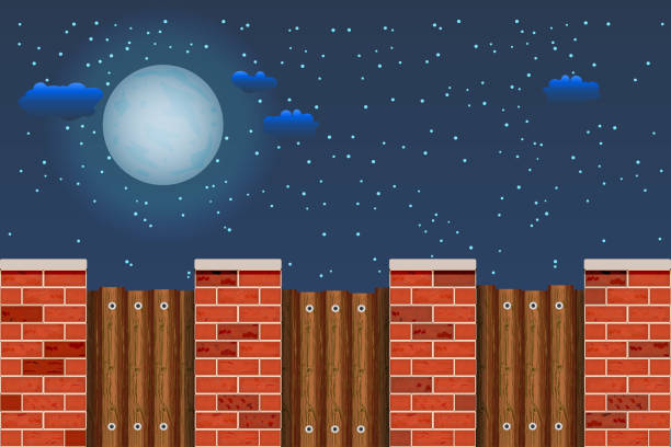 Wooden fence against the night sky. Rural wooden fence with pillars of bricks and sky with moon, stars and clouds. Red brick poles fence with brown wooden boards. Farm or garden palisade. Stock vector illustration cartoon of a pole fence designs stock illustrations