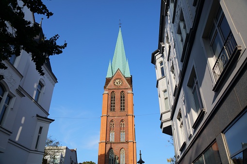 Herne city, Germany. Church tower in downtown Herne.