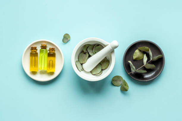 istock Natural cosmetic products - eucalyptus essential oil, top view 1308839663