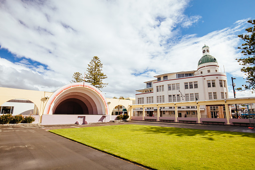 The famous Napier Soundshell, Veronica Sunbay memorial and Dome building at sunrise on a clear spring morning in Napier, New Zealand