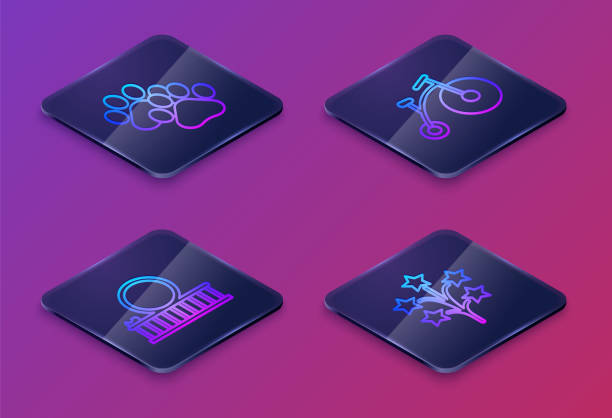 istock Set Isometric line Paw print, Roller coaster, Vintage bicycle with one big wheel and one small and Fireworks. Blue square button. Vector 1308841812