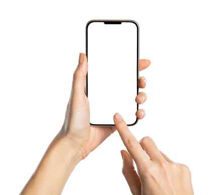 Female hands holding modern cellphone against white background. Close up of woman hands holding smart phone with blank screen in hand. Empty smartphone white screen ready for your app to be placed isolated on white background.