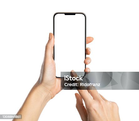 istock Woman hand using smartphone isolated on white background 1308841861