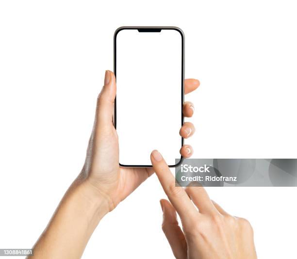Woman Hand Using Smartphone Isolated On White Background Stock Photo - Download Image Now