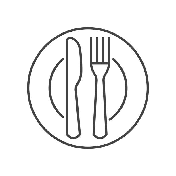 płyta i nóż widelcem. obiad, symbol kolacji. ilustracja wektorowa. - restaurant icons stock illustrations