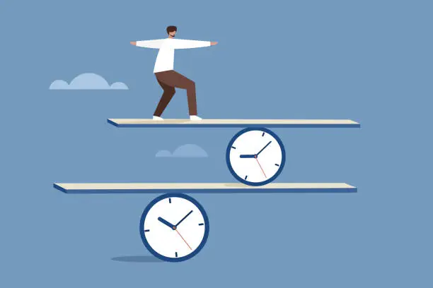 Vector illustration of Conceptual illustration of a man balancing on clocks to represent working on multiple time zones