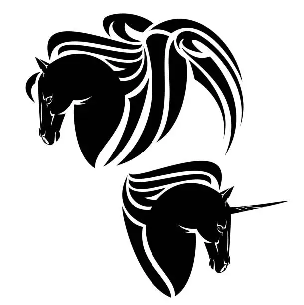 Vector illustration of pegasus winged horse and mythical unicorn head black and white vector design