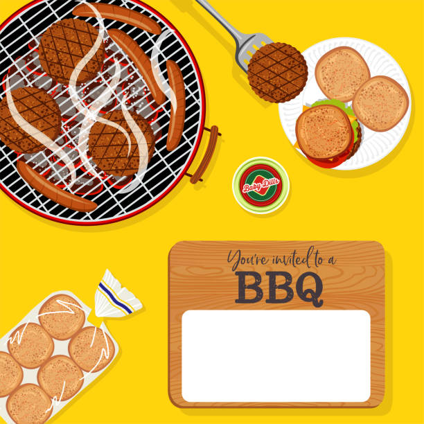 BBQ Invitation Template With Copy Space Family Reunion or BBQ Invitation Template with foods and a cutting board with room for your text. family reunion clip art stock illustrations