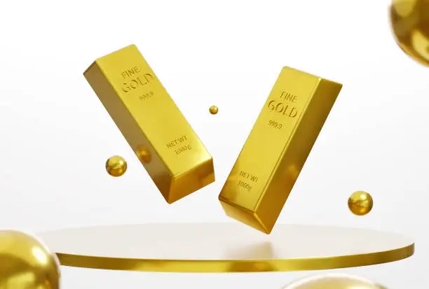 Gold bar on the presentation stand on a white background, wealth concept, treasure, and trading, investment, 3D rendering