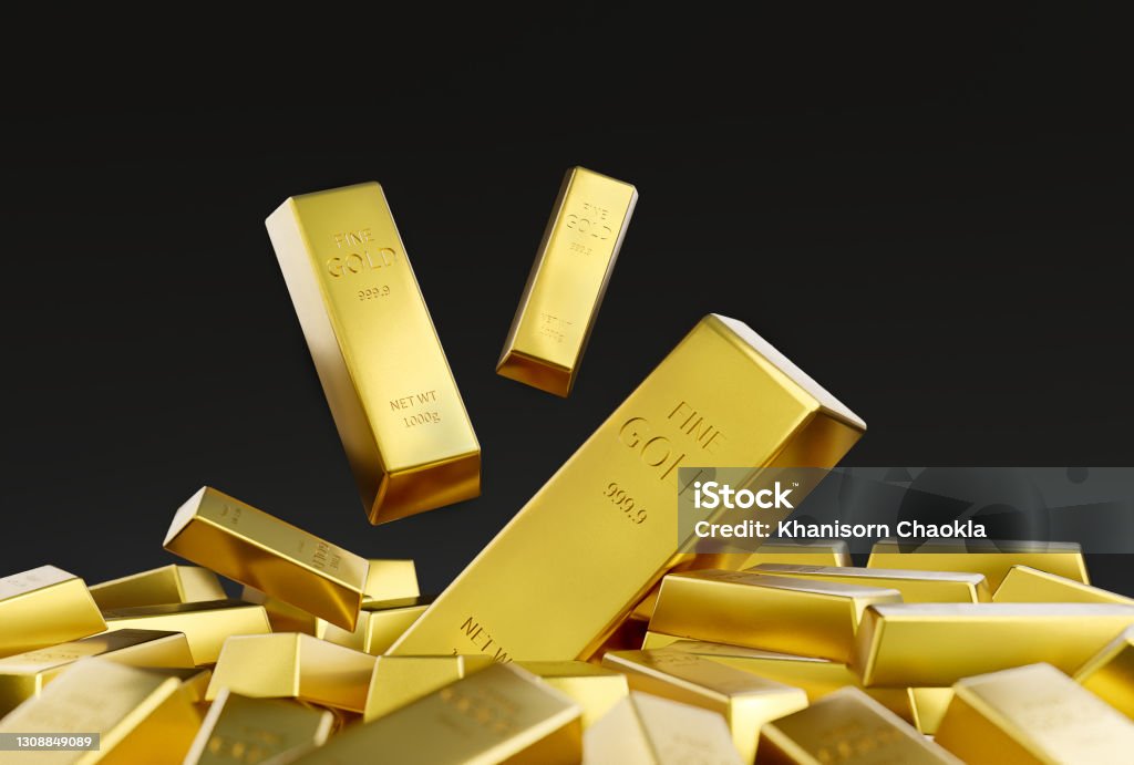 Gold stacked on a black background. Gold bar stack on black background, wealth concept, treasure, and trading, investment, 3D rendering Ingot Stock Photo