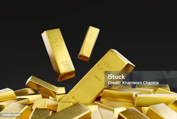 Gold Stacked On A Black Background Stock Photo - Download Image Now - Ingot, Gold - Metal, Gold Colored