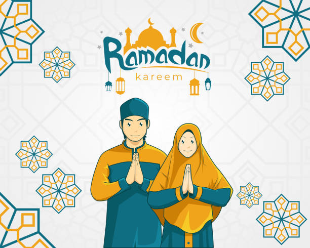 ilustrações, clipart, desenhos animados e ícones de ilustração vetorial do cartão de saudações ramadan kareem com casal muçulmano - etnia indonésia