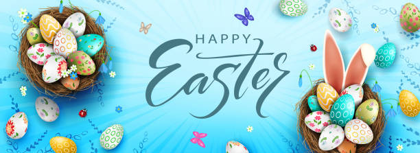 istock Easter composition in blue, eggs in the nest, bunny ears, snowdrops flowers 1308850927