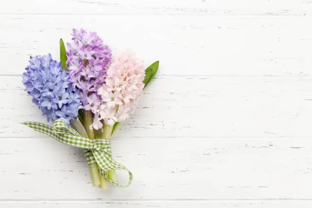 Hyacinth flowers bouquet on wooden table. Easter greeting card template. Top view flat lay. With space for your greetings