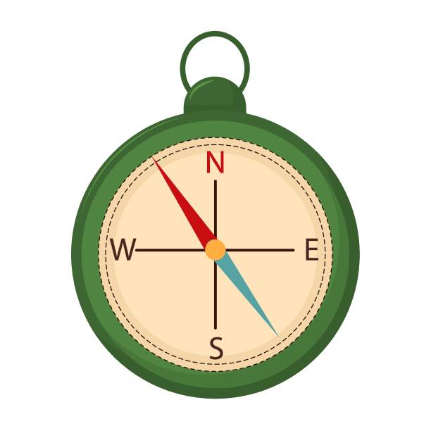 흰색 배경에 격리된 녹색 나침반의 벡터 그림 - orienteering clip art compass magnet stock illustrations