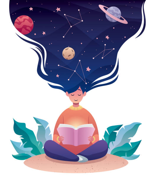 Thinking of Astrology Flat design illustration of a young woman reading a book about astrology or astronomy. nebula illustrations stock illustrations